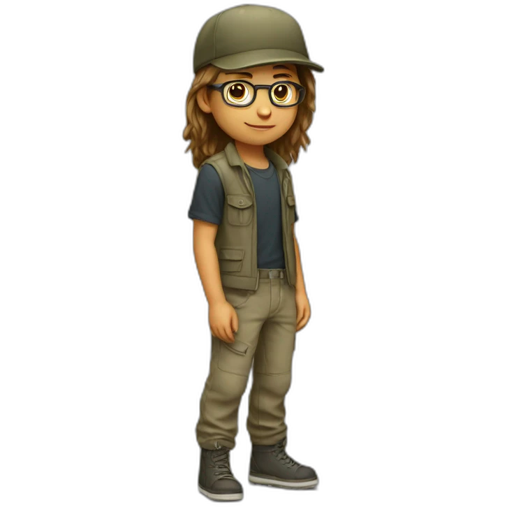 young boy with long hair and cap and Cargo pants and have glasses emoji