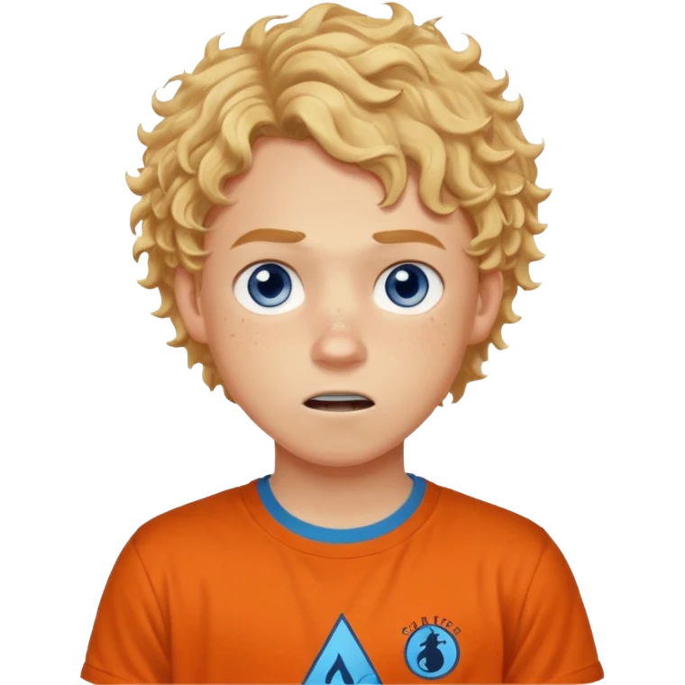 teenage boy with curly blond hair and blue eyes with freckles wearing an orange “Camp Halfblood” tshirt with the official percy jackson camp halfblood logo on it have hime doing a shocked face emoji