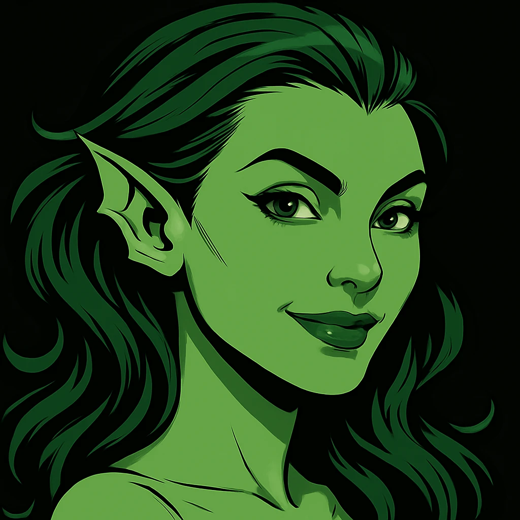 Edit the image to turn Marrina Smallwood's face more toward the camera with a slight smile, maintaining her aquatic features, green skin, and confident expression. The style should be suitable for a profile picture, preserving the original look and feel. emoji