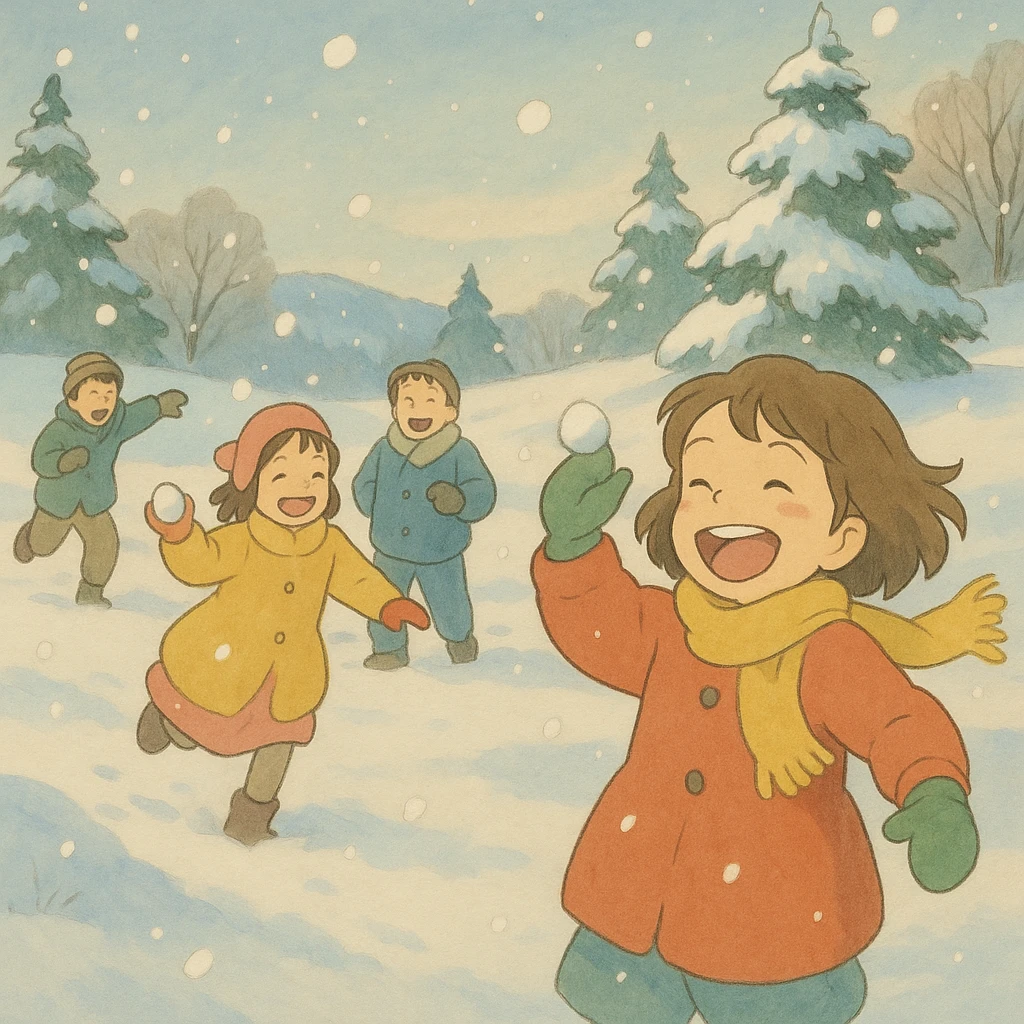 joyful snowball fight, soft colors, snowy landscape emoji