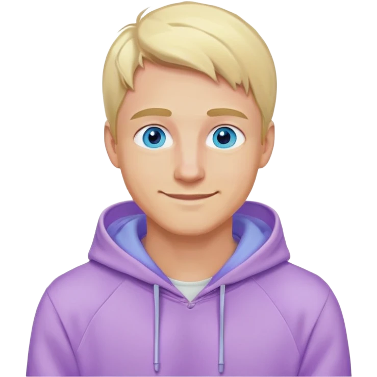 smiling blonde man with blue eyes in a lilac hoodie emoji
