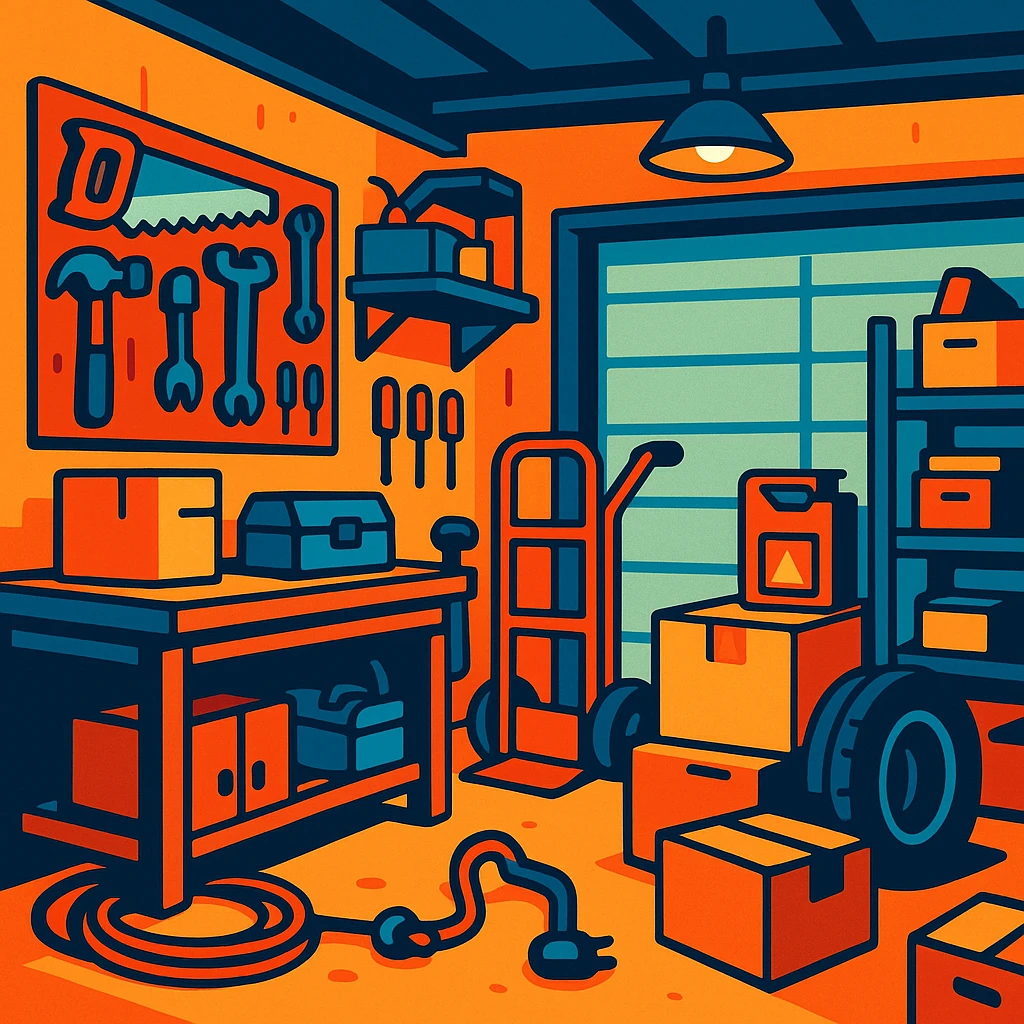 cluttered garage with tools and boxes, cartoon style emoji