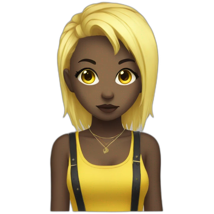 cute punk girl in yellow dress dark skin with yellow eyes and dark curvy hairs drummer anime style emoji