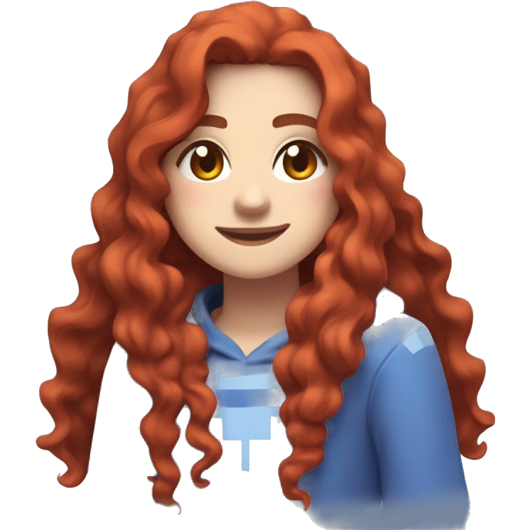 a white girl with long red curly hair and freckles, wearing periwinkle Minecraft hoodie playing a videogame smiling emoji