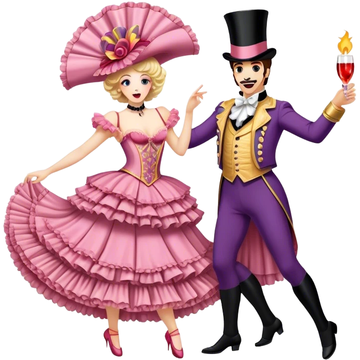 Cinematic Realistic scene of two performers executing a high‑energy Can‑Can, adorned in elaborate French cabaret costumes with frilly layers and dynamic movement, illuminated by vibrant stage lighting emoji