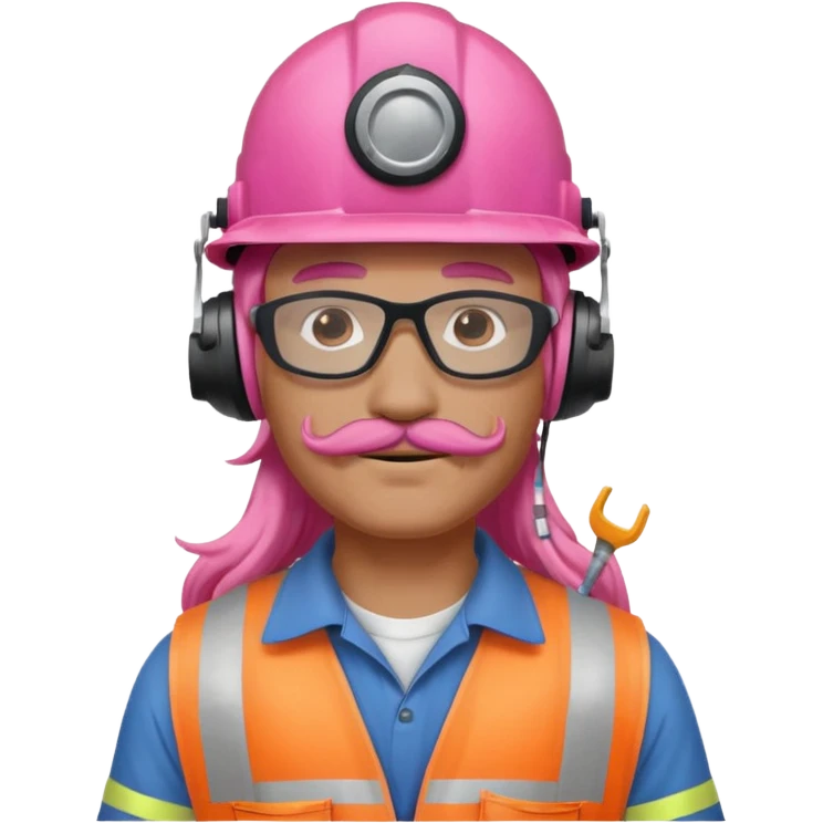 construction worker with long pink hair and ppe headphones and mustache emoji