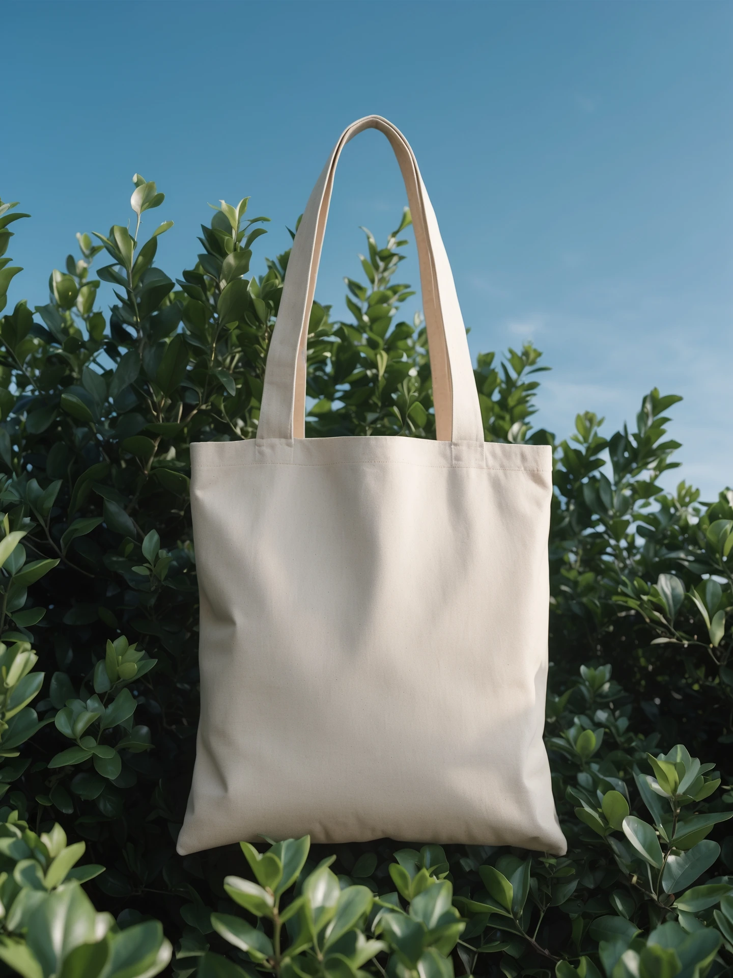 High-resolution mockup of a minimalist canvas tote bag, placed perfectly centered on the canvas. The tote bag is made of natural cotton fabric, light beige color, with a simple and elegant look. Background features a deep green organic bush, clean blue sky above, bright daylight, emoji