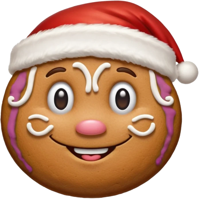 A cute gingerbread cookie with a face and a Santa hat emoji