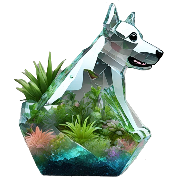 A dog made of glass mirror crystals prisms glass transparent filled with plants as a terrarium with graffiti doodles emoji