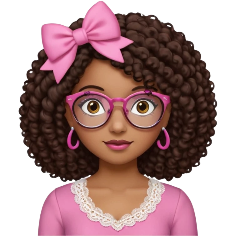 medium kinned afro-latina girl with medium length chocolate brown side part curly hair, small pink bow on the side, with brown glasses, brown eyes, noes piercing, pink and white sweekhart necklined top with lace, round wide-ish nose emoji