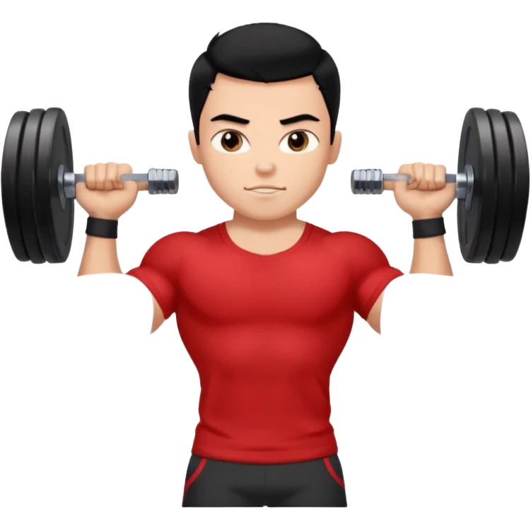 a pretty bratz boy with black hair and a red tshirt, big biceps picking up dumbells emoji