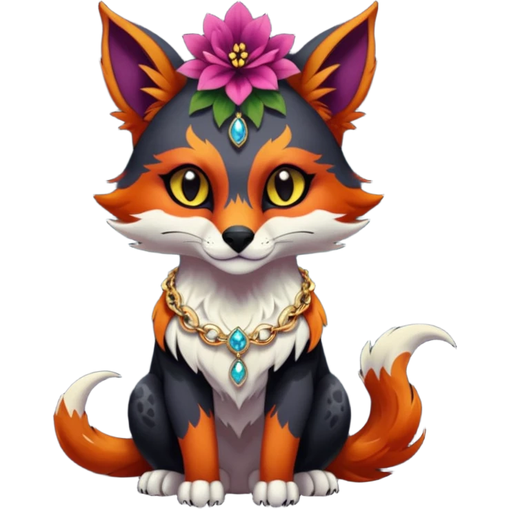 Multicolored dark edgy spooky hot badass realistic floral exotic Falvie-Fionbri-animal, full body, wearing jewelries emoji
