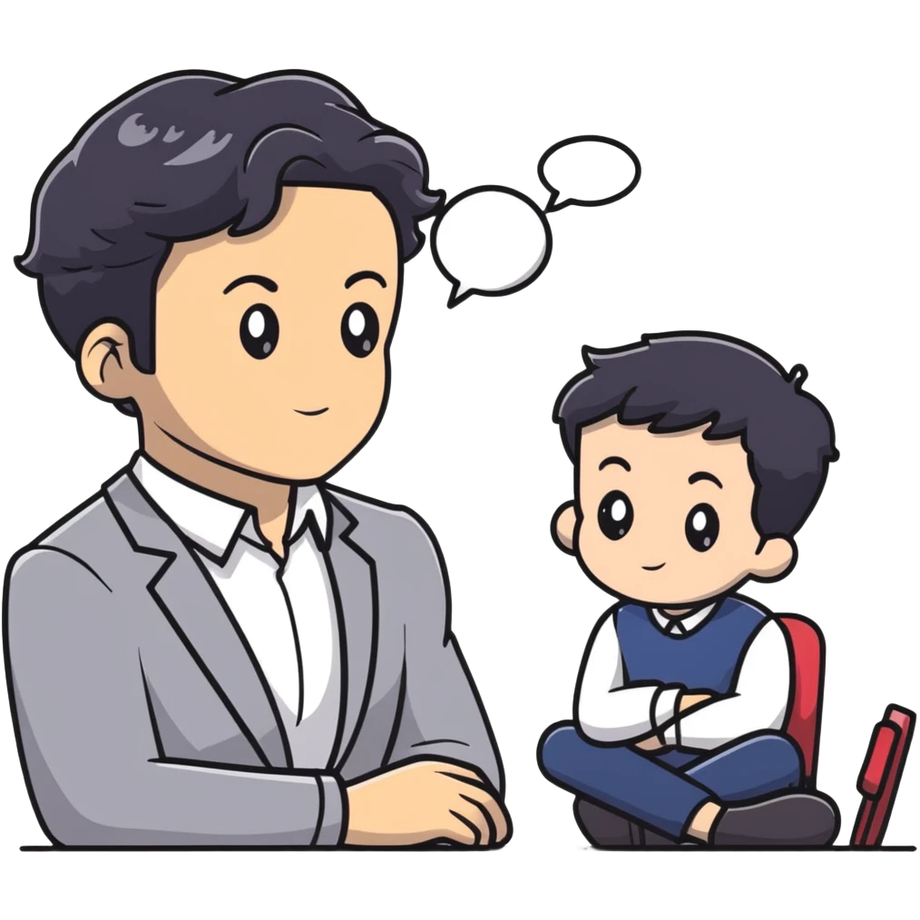 Management educator with black wavy hair, stubble, strong features, white skin, smart casual attire, sitting with a young professional, providing career guidance and mentorship, thoughtful listening expression emoji