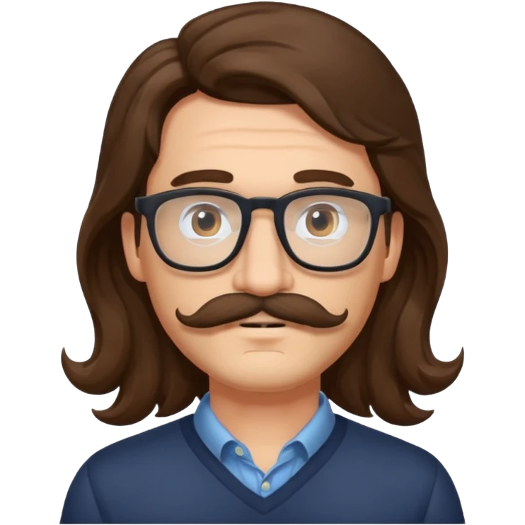 Man with long wavey brown haur glasses and mustache emoji