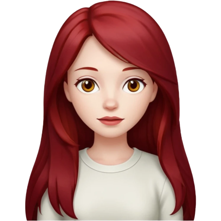 woman, pale skin, long straight dark red hair with layers, brown eyes, white top, apple emoji style emoji