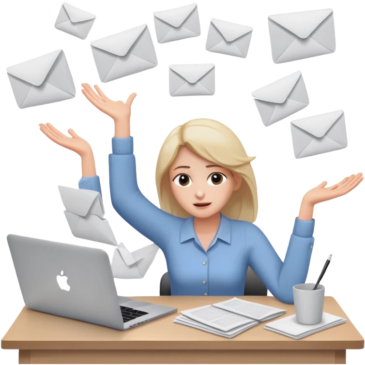 tired woman sitting at a desk with a MacBook, holding her arms out to the side, surrounded by flying papers emoji