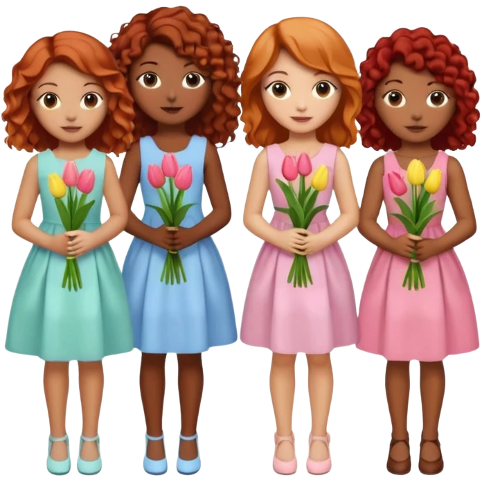 5 girls at a garden party wearing pastel dresses and holding tulips, one is black, one is blond, one has brown hair, one has red hair, one is mixed with curly hair emoji