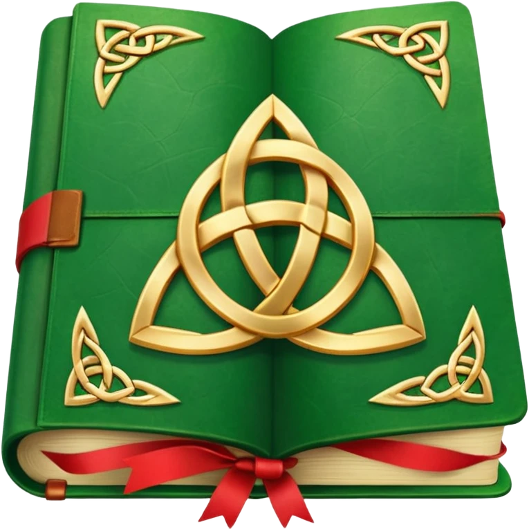 a green closed book with a golden triquetra on it with a red ribbon between the paged emoji