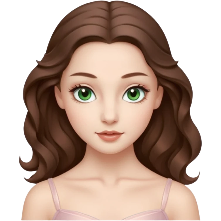 Cinema Realistic Ballerina Portrait, with porcelain-like skin featuring a natural rosy flush, illuminated by soft lighting that highlights the gentle contours of her face. Her Brunette hair flows in soft.Her deep green light eyes radiate framed by arched brows and long lashes. emoji
