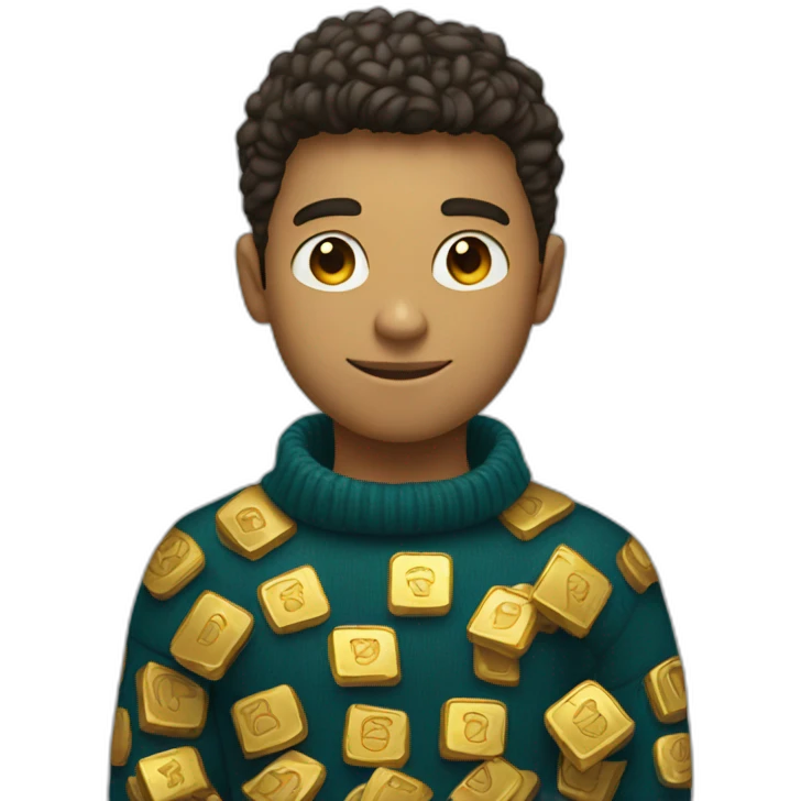 make a young man with a sweater who holds a lot of gold in one hand and has the linkedin logo in the other emoji