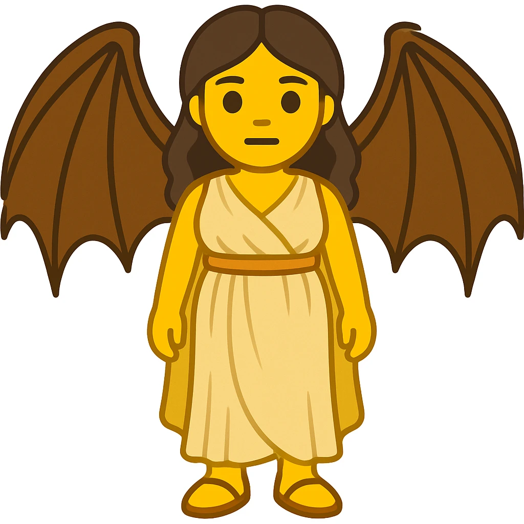 Convert the image of a fullbody buxom ancient woman with dragon wings into a classic emoji style. Make it simplified and expressive, keeping the pose and outfit similar to the reference image, but adapt it to the emoji style look. emoji