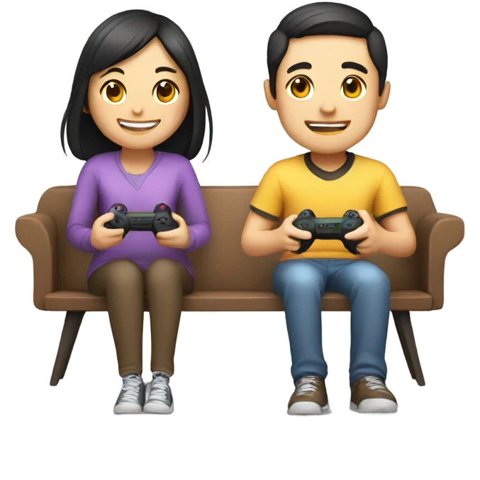 Cute Asian Couple sitting together and having fun playing video games emoji