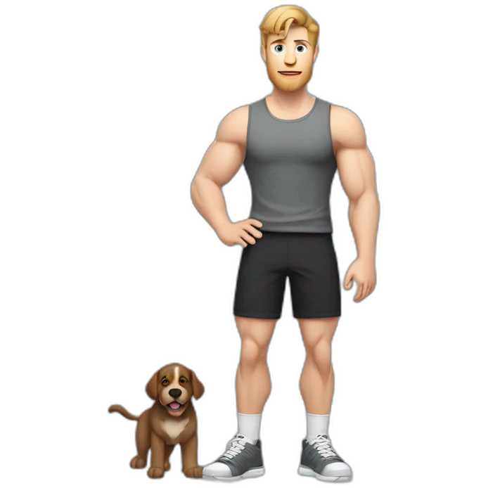 Full height Actively gesturing with hands Pale skinned Fit Man With the biceps and brown hair in dark gray Sleeveless Mike, black oversize sports shorts, watch and white Sneakers emoji