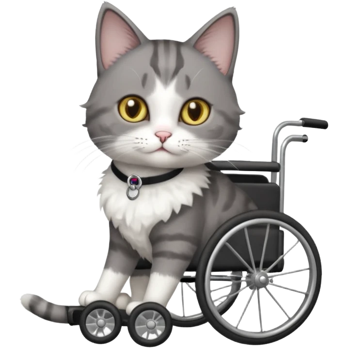 full body small short hair dark grey and white cat with hazel eyes walking in a wheelchair for cats emoji