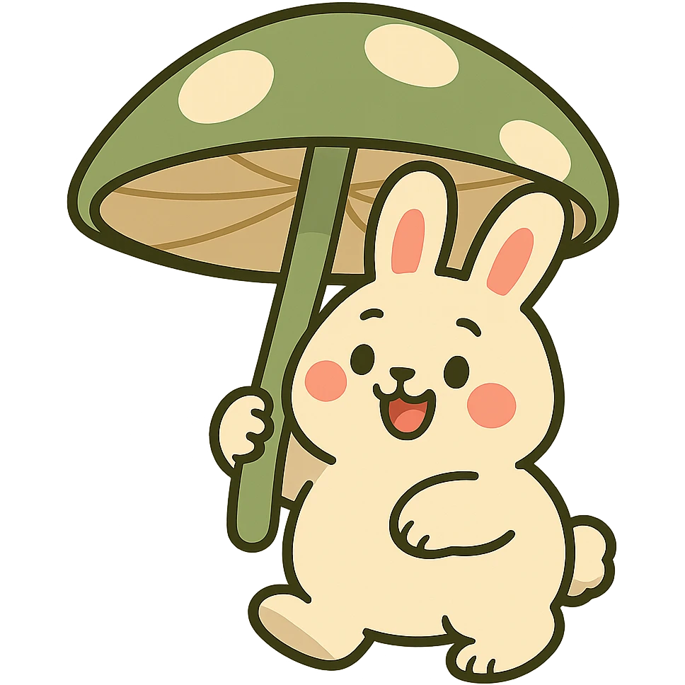 chubby bunny holding a mushroom umbrella, pastel beige and moss green, pastel toon style emoji