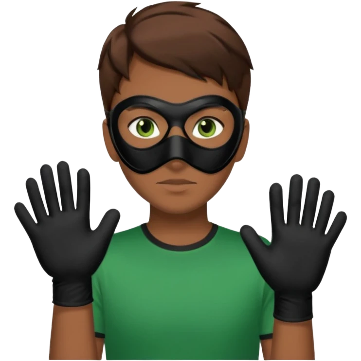 Chico de pelo marrón y ojos verdes, Con un cubre bocas negro, que tiene una camisa verde por encima de una remera blanca, y tiene un guante negro en una sola de las manos. emoji