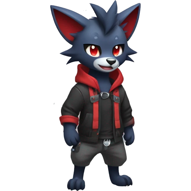 Cool Edgy Zorua-Zoroark-Mightyena with a collar and hoodie-sweater and harness on, full body emoji