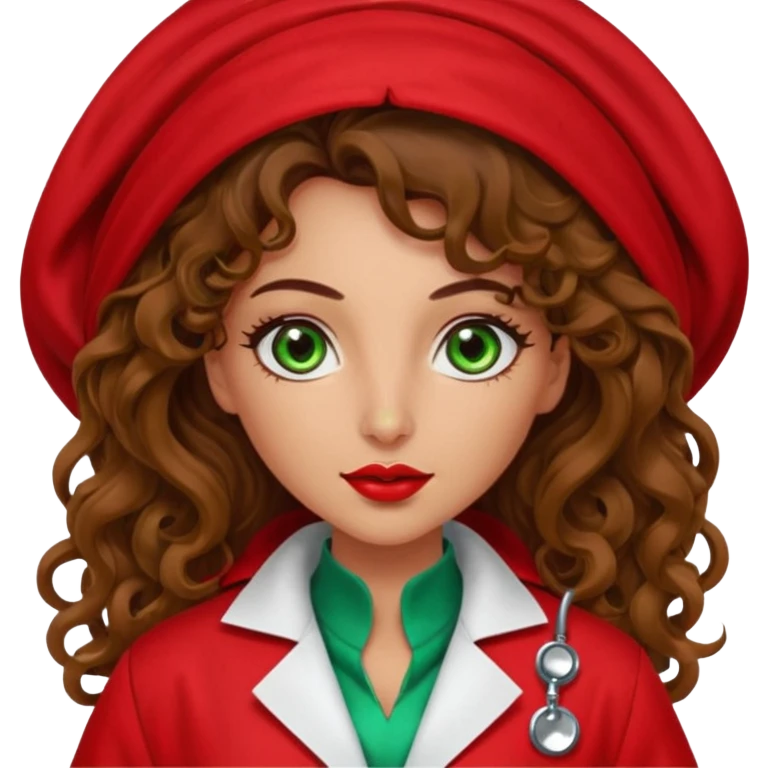 Spanish sexy evil woman. She has green eyes.  had brown long curly hair.  evil surgeon kills with needle wears red sexy doctor coat with red Juliet veil on her mouth and nose ONLY to hide and wearing red gloves. Hair is free and flowing long  emoji