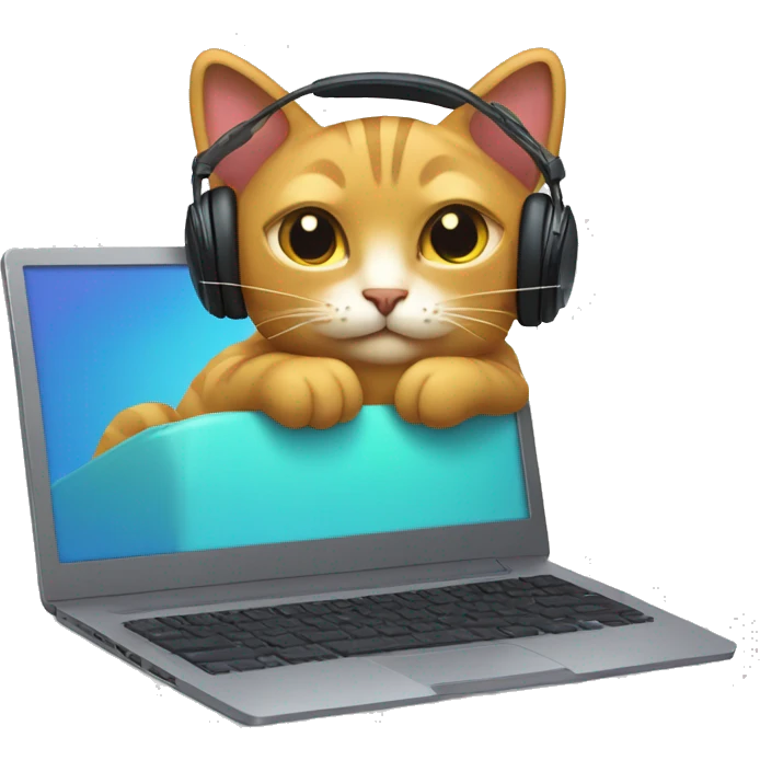 Cat with headphones on its ears, making music on a computer while lying down  emoji