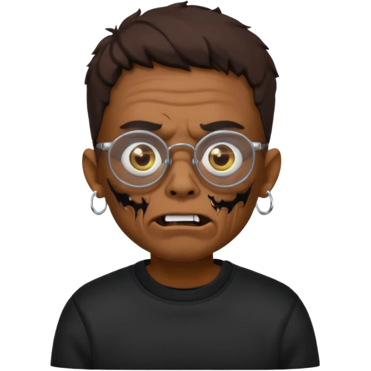 Chico moreno zombie, con gafas y sudadera negra, dos aretes en la oreja izquierda y dos en la derecha, ojeras en los ojos y emoji