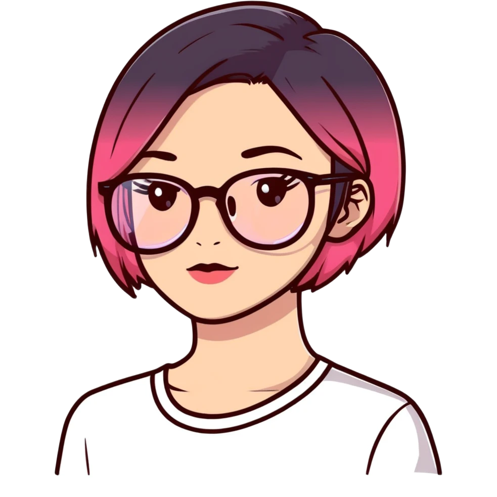 woman with gradient hair from dark to pink with glasses, brown roots, brown eyebrow, flirting emoji