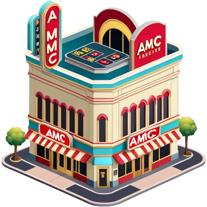 AMC movie theater exterior, isometric dollhouse-style, highly detailed  emoji