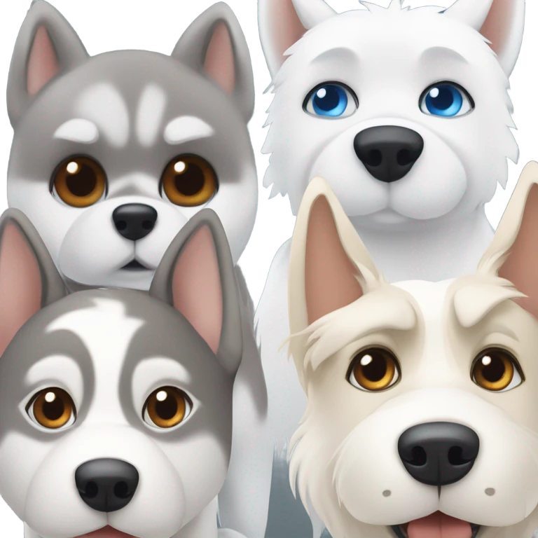 3dog : One. Grey Husky with blue eyes, a beige HUSKY with brown eyes and a white Westies emoji
