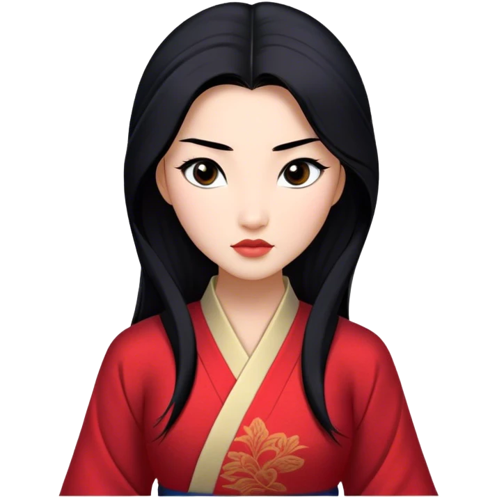 Cinematic Realistic Mulan Portrait, depicted with lifelike skin texture, soft natural lighting, and intricately detailed long black hair styled elegantly. Her deep, expressive eyes exude determination and grace, complemented by a serene yet confident expression. She is dressed in her classic attire, with rich fabric textures and delicate folds that catch the light beautifully. The portrait features a soft, enchanting glow with a natural, radiant finish, capturing the essence of timeless strength and beauty in a realistic and painterly style, evoking a sense of depth and authenticity. emoji
