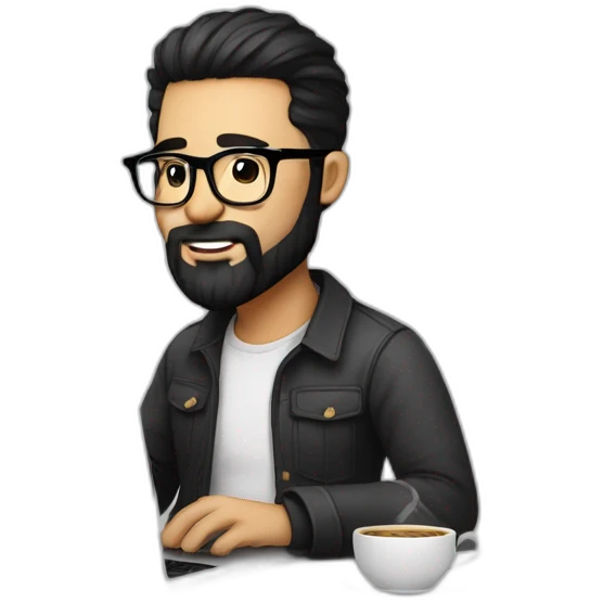 Designer with black hair, beard and glasses working with MacBook and drinking cappuccino  emoji