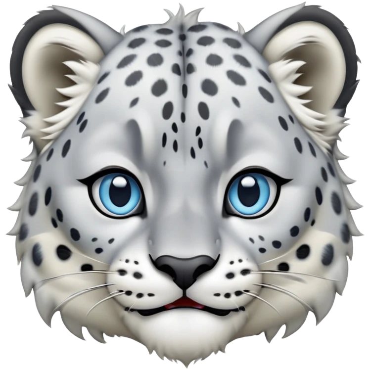 Cinematic-Comical-Snow-Leopard-Portrait-Emoji – Head tilted dramatically with an exaggeratedly amused expression, featuring a thick, spotted white-and-grey coat with a dense ruff around the neck, wide, piercing icy blue eyes filled with playful disbelief zoomed out showing the shoulders emoji