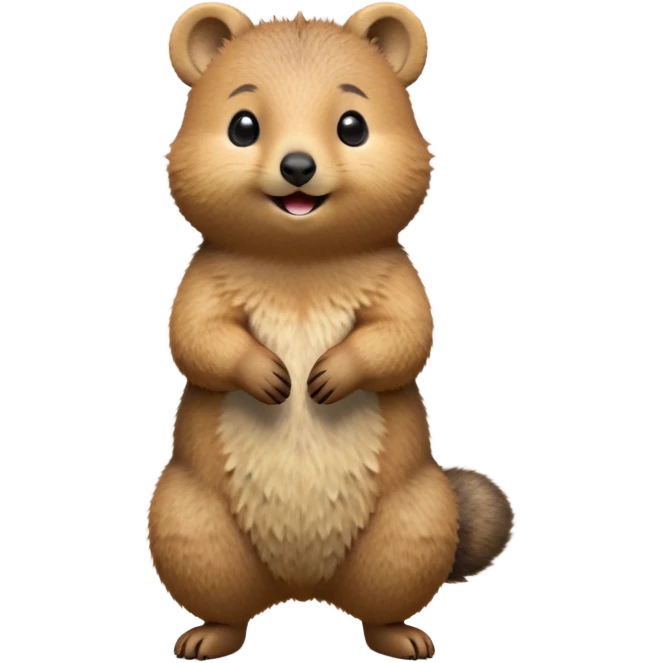 cinematic-quokka-realistic-full-body-standing-emoji,-small-round-frame-balanced-on-tiny-strong-hind-legs,-fluffy-brown-fur-radiating-a-warm-softness,-big-round-eyes-filled-with-joy-and-innocence,-tiny-clawed-paws-held-close-to-chest,-cheerful-smile-exuding-endearing-happiness,-simplified-yet-realistic-focused-features,-highly-detailed,-glowing-with-a-sunny-warmth emoji