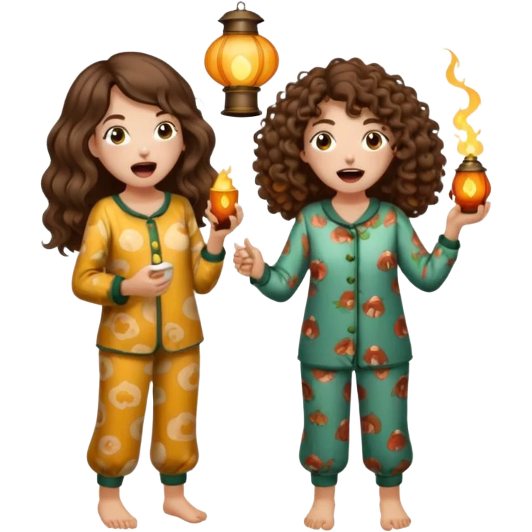 pajama forest duo — long wavy brown hair tattooed woman and short tight curly brown hair woman — mushroom pajamas yawning with lantern emoji