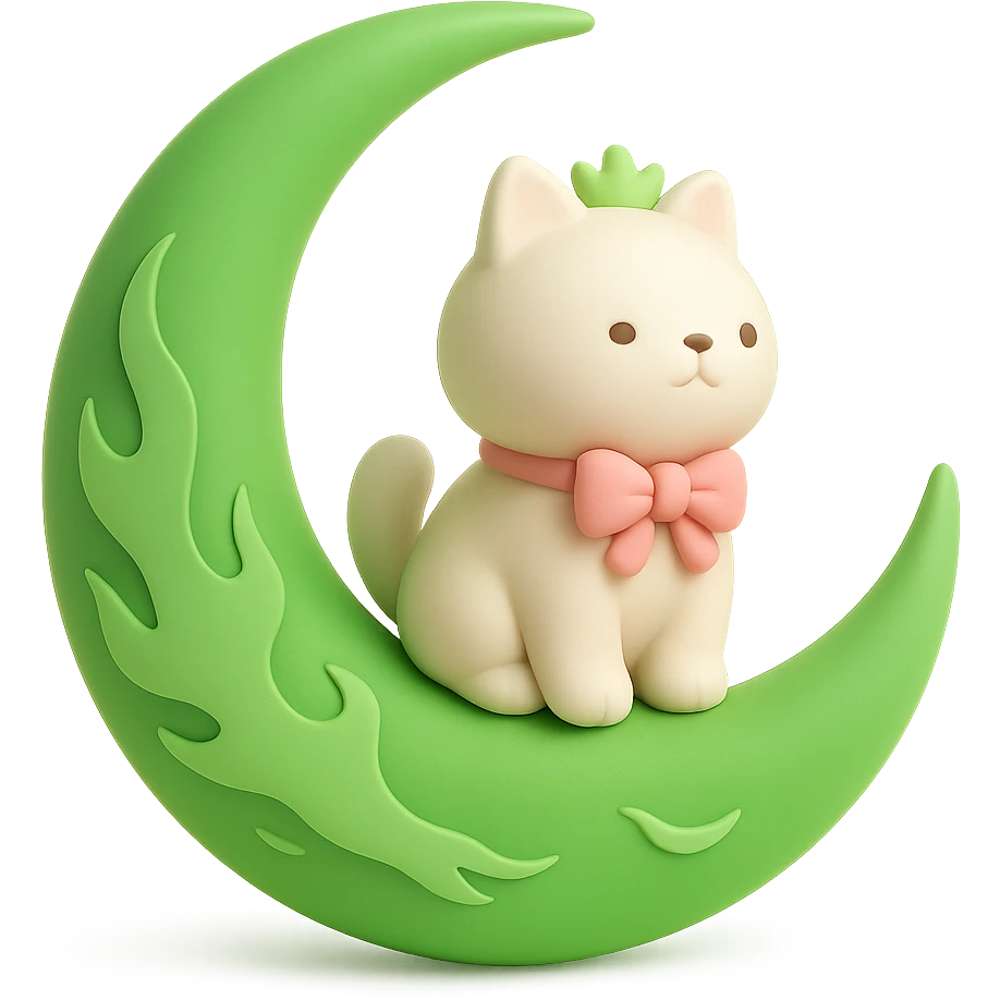Create a 3D green style light green moon with the same shape as the reference image, featuring fire effects. On the moon, place a white cat with a pink ribbon and a crown. The background should be transparent. emoji