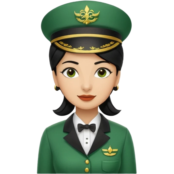 Lady hotel butler with green uniform black hair and just a lite bit brown skin and Arabic face with our hat please emoji