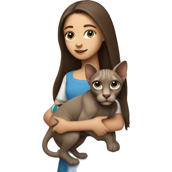 A girl with blue eyes and long brown hair holds a gray sphinx in her arms emoji
