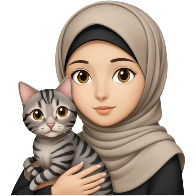 Hijab girl holding a black grey tabby cat emoji