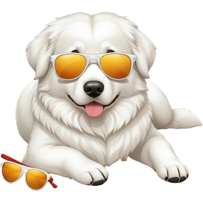 Great white ￼ Pyrenees dog lounging on the beach wearing sunglasses emoji