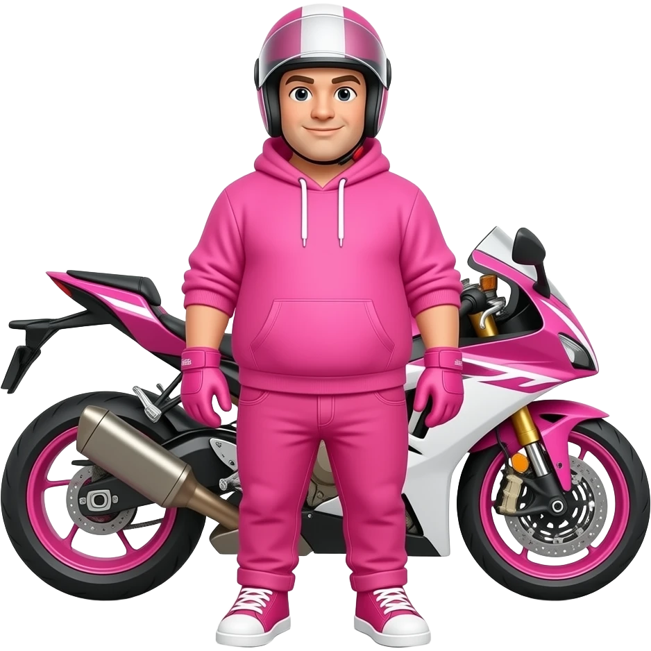 young fat man with pink jeans and a pink hoodie wearing white pink sneakers and pink gloves, also he wears a pink motorcycle helmet and stands in front of a pink white motorcycle emoji