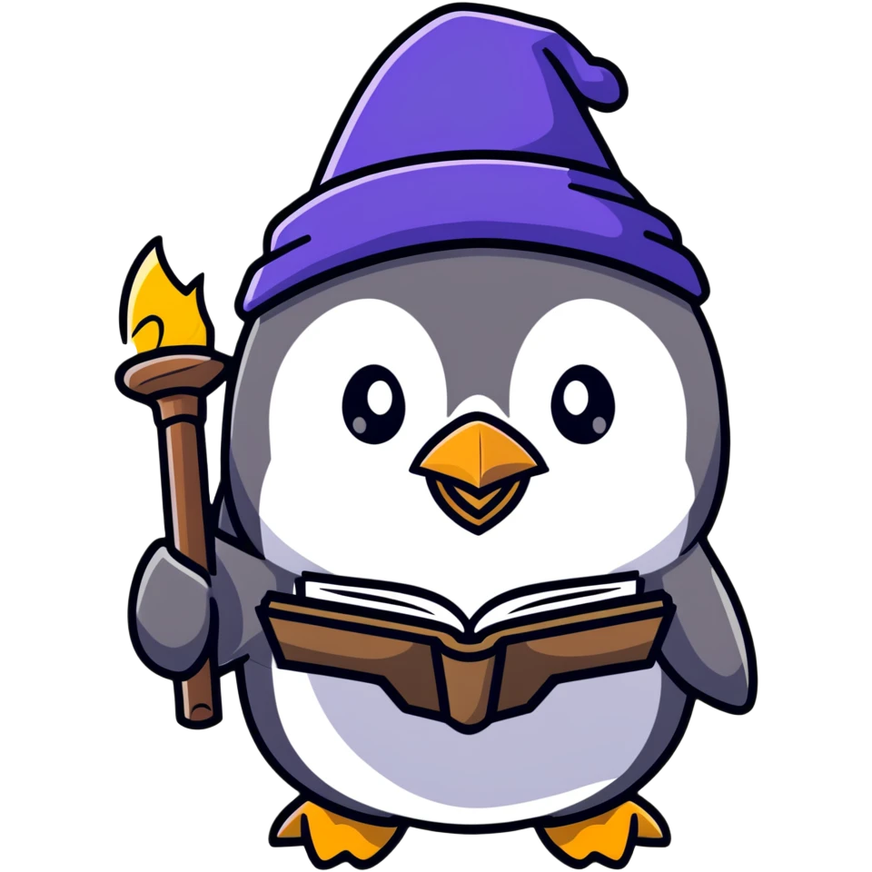 cute penguin wizard with magic staff and spell book emoji