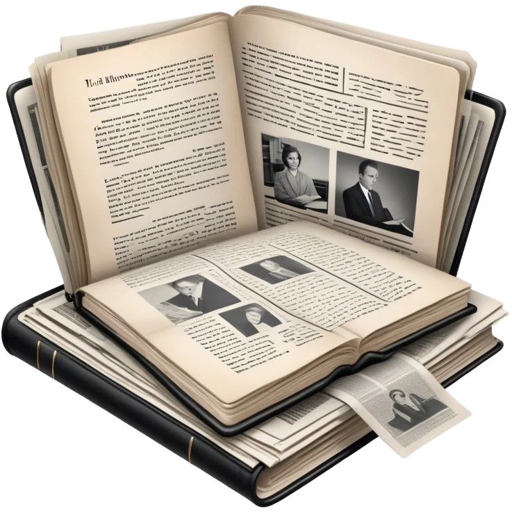 Icon for Non-Fiction & Narrative Reading: an open book with black-and-white photos on the pages, surrounded by a pile of newspaper clippings, and an open folder with top-secret documents. The icon should reflect the blend of real stories and facts in non-fiction literature. Transparent background. emoji